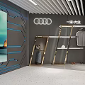 Modern Car Showroom With Glass Facade Bar Counter And Car