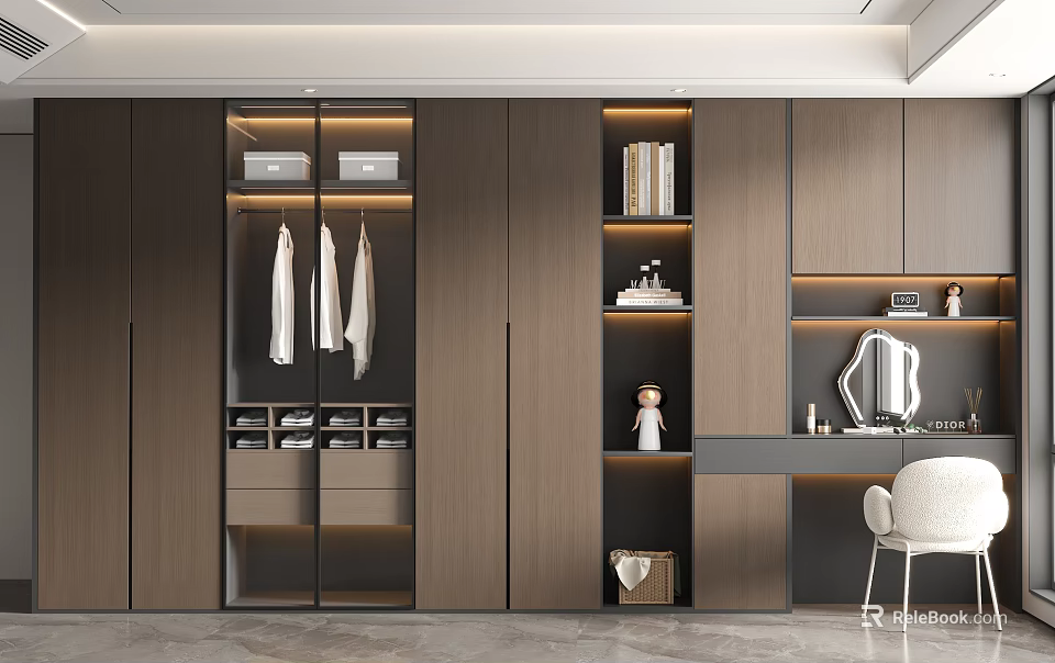Modern Wooden Wardrobe With Glass Doors Hanging Space Drawers Open Shelves And Dressing Table 3d model 