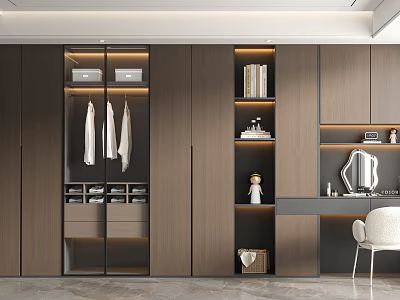 Modern Wooden Wardrobe With Glass Doors Hanging Space Drawers Open Shelves And Dressing Table 3d model
