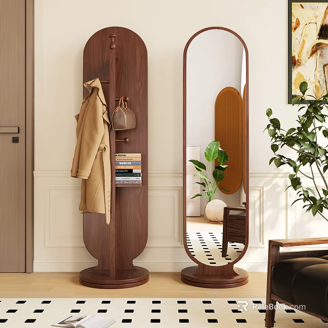 Full Length Floor Mirror in Modern Entryway with Coat Rack Hanging Coat and Green Plants 3d model 