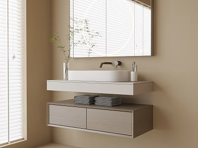 Modern Wall Mounted Bathroom Vanity With Mirror Vase Plants Towels Cabinet And Natural Light 3d model