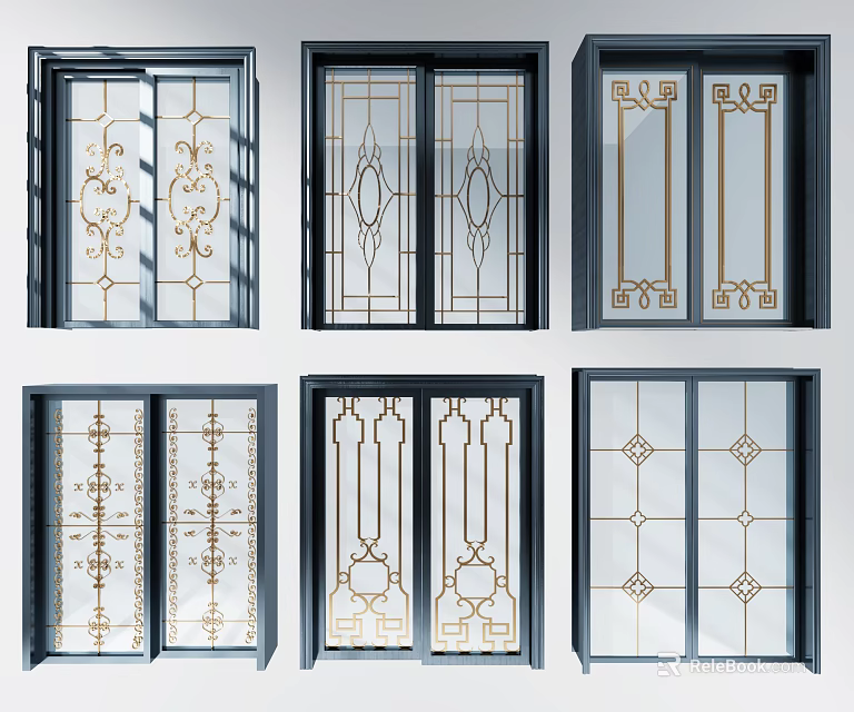 Various Decorative Glass Sliding Doors With Intricate Patterns And Metal Frames 3d model
