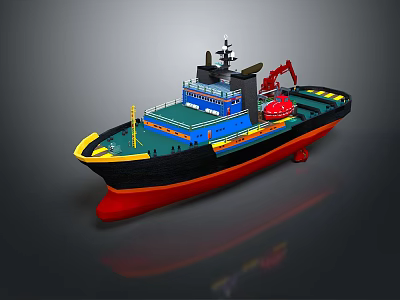 Work Boat Featuring Blue Upper Structure Red Hull Yellow Trim And Red Crane 3d model