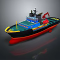 Work Boat Featuring Blue Upper Structure Red Hull Yellow Trim And Red Crane