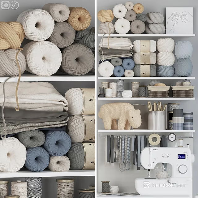 Ornamental Decor Collection With Yarn Balls Fabric Storage Jars And Sewing Tools 3d model 