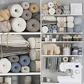 Ornamental Decor Collection With Yarn Balls Fabric Storage Jars And Sewing Tools