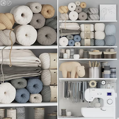 Ornamental Decor Collection With Yarn Balls Fabric Storage Jars And Sewing Tools 3d model