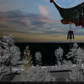 Snow Covered Pagoda And Trees By Lake Under Sunset Sky With Hanging Bell