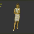 Woman standing in blue sleeveless top and white lace skirt holding cup against gray background