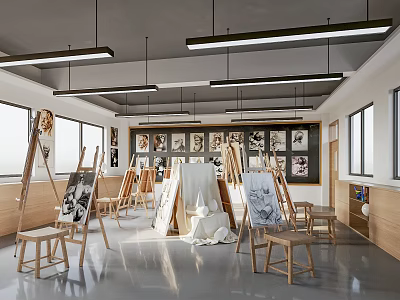 Art Classroom Interior With Wooden Easels Stools Hanging Paintings Windows And Pendant Lights 3d model
