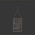 Vintage Lantern With Metal And Wooden Structure Hanging By Chain Glowing Green Patterns And Eyes