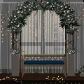 Elegant Indoor Wedding Flower Arch with String Lights and Bench Decor