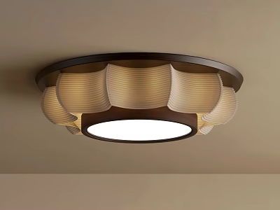 Elegant Round Ceiling Light Featuring Pleated Beige Shade And Dark Frame 3d model