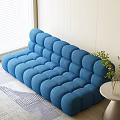 Blue Velvet Bubble Design Double Sofa With Side Table Green Plant And Carpet 3d model