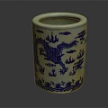 Traditional Chinese Blue And White Porcelain Brush Holder With Dragon Pattern And Decorative Designs