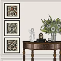 Three Abstract Paintings Hanging on Wall with Wooden Console Table and Decorative Items 3d model