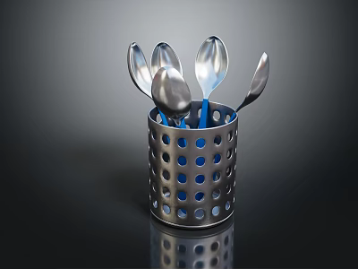 Stainless Steel Spoons In Perforated Metal Container With Blue Dots On Dark Background 3d model