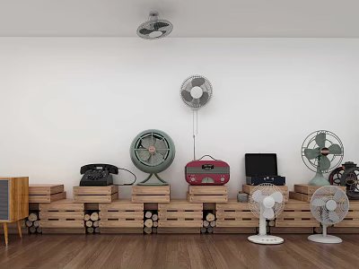 Vintage Air Conditioning Fans In Various Styles With Retro Items On Wooden Shelves 3d model
