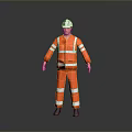 Man Wearing Orange Work Uniform With Reflective Stripes And White Safety Helmet Standing On Gray Background