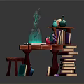 Enchanted Wizard Workbench With Wooden Table Stool Shelf Glowing Book Skull And Teal Smoke