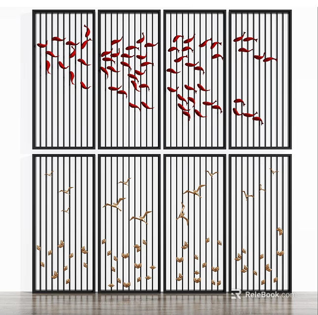 Decorative Room Divider with Red and Gold Bird Patterns for Interior Decoration 3d model