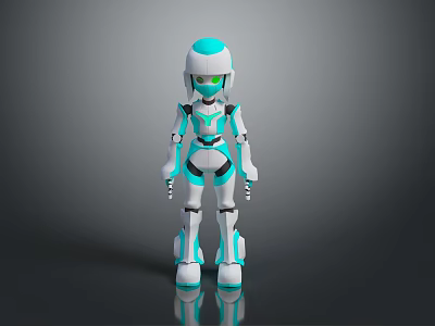 3D Humanoid Robot Character With Blue White Body Green Eyes On Reflective Surface 3d model