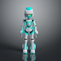 3D Humanoid Robot Character With Blue White Body Green Eyes On Reflective Surface