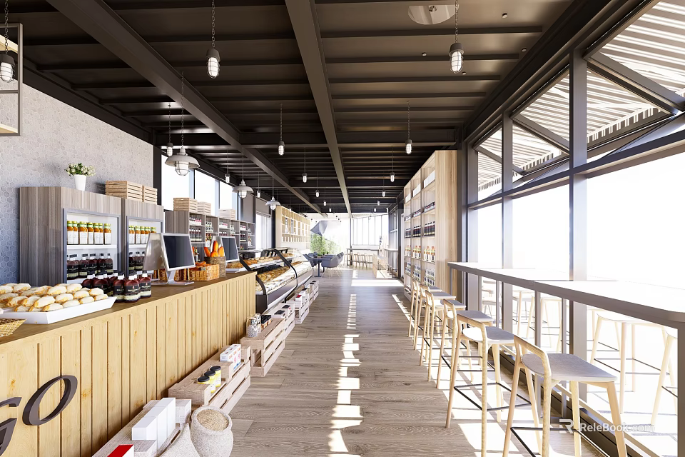 Modern Cafe Open Space With Wooden Bar High Stools Large Windows Natural Light Bread 3d model 