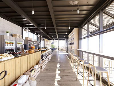 Modern Cafe Open Space With Wooden Bar High Stools Large Windows Natural Light Bread 3d model