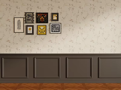 Elegant Wall with Floral Patterned Wallpaper Dark Wood Paneling and Framed Artworks 3d model