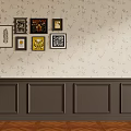 Elegant Wall with Floral Patterned Wallpaper Dark Wood Paneling and Framed Artworks