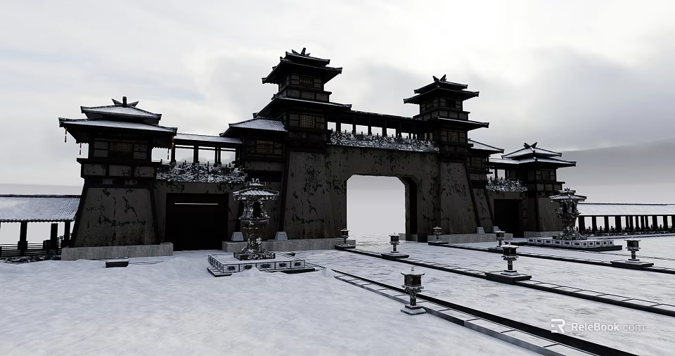 Ancient Chinese Traditional Gate Architecture With Snow Covered Courtyard And Symmetric Pavilions 3d model 