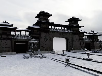Ancient Chinese Traditional Gate Architecture With Snow Covered Courtyard And Symmetric Pavilions 3d model