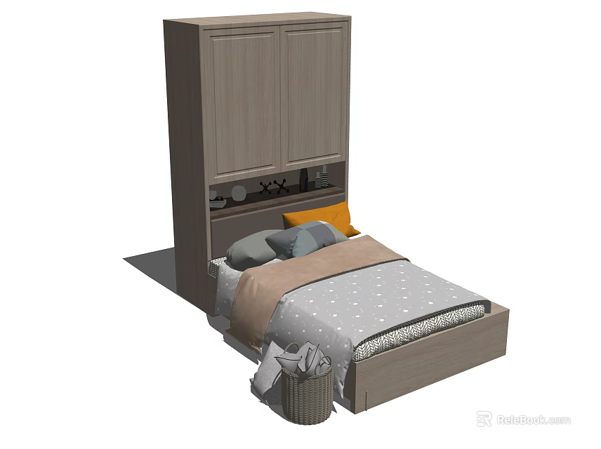 Gray Bed With Built In Cabinet And Soft Pillows For Bedroom Interior 3d model 