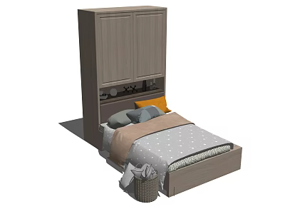 Gray Bed With Built In Cabinet And Soft Pillows For Bedroom Interior 3d model