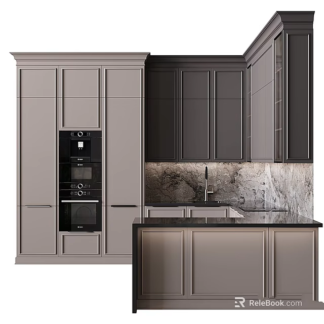 Modern Kitchen Interior With Light And Dark Gray Cabinets And Marble Countertop 3d model