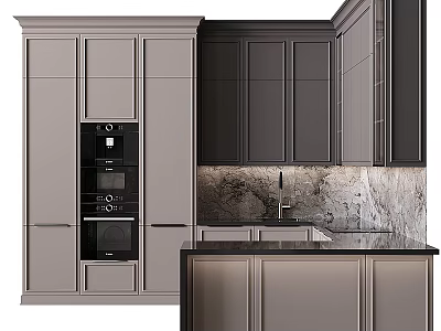 Modern Kitchen Interior With Light And Dark Gray Cabinets And Marble Countertop 3d model