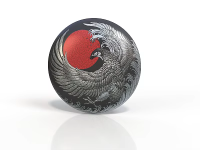 Circular Silver Phoenix Sculpture With Red Background And Wave Patterns 3d model