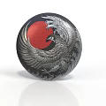 Circular Silver Phoenix Sculpture With Red Background And Wave Patterns