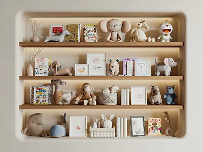 Cozy Decorative Ornament Set On Multi Tiered Shelves With Stuffed Toys Books And Photo Frames 3d model