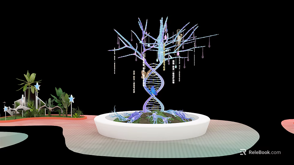 Decorative DNA Structure With Tree Branches Hanging Elements White Base Water And Plants 3d model 