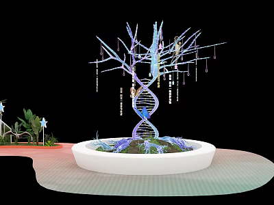 Decorative DNA Structure With Tree Branches Hanging Elements White Base Water And Plants 3d model