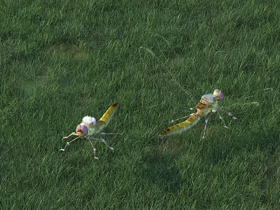 Two Flying Insects With Yellowish Bodies Leaping Over Green Grass 3d model Two Flying Insects With Yellowish Bodies Leaping Over Green Grass 3d model