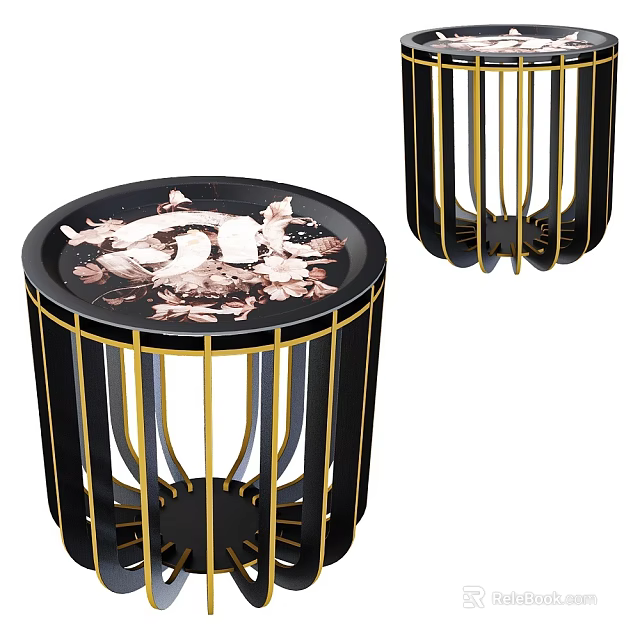 Round Modern Side Table With Floral Pattern Top And Black Gold Frame Design 3d model 