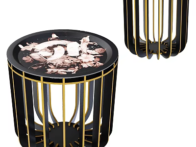 Round Modern Side Table With Floral Pattern Top And Black Gold Frame Design 3d model