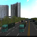 Modern Urban Road Infrastructure Featuring Trucks Street Lamps Green Belts And High Rise Buildings