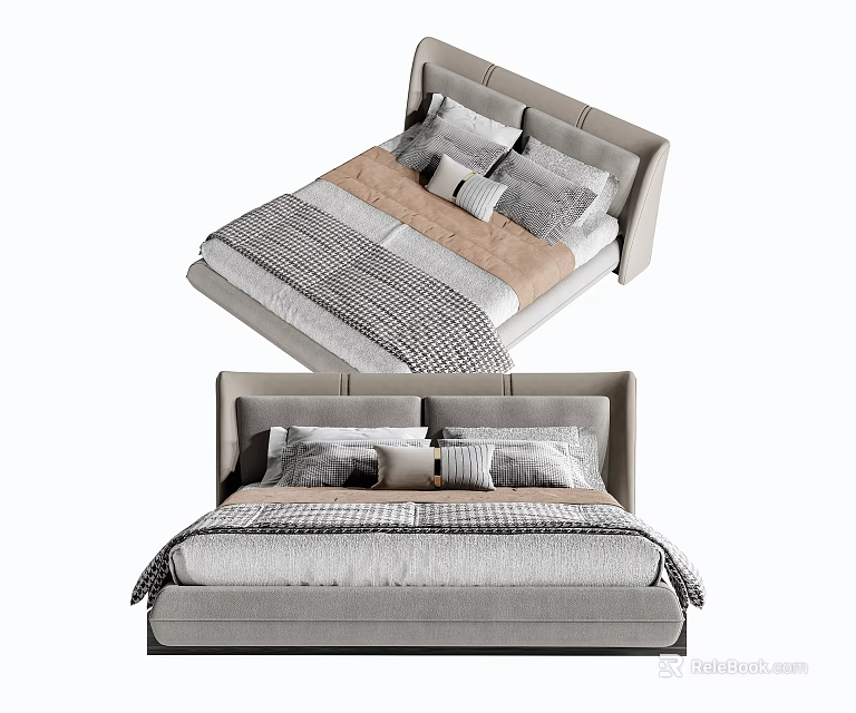 Modern Double Bed with Upholstered Headboard Striped Bedding and Pillows 3d model