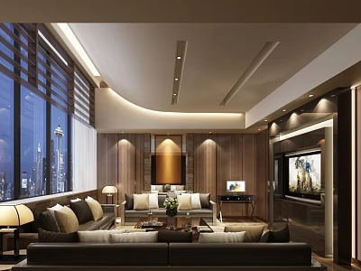 Luxurious Modern KTV Lounge Interior Design With Sofas City Night View And Wooden Lighting 3d model