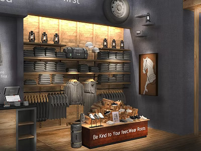 Stylish Shopping Mall Counter With Clothing Bags On Shelves And Display Table 3d model