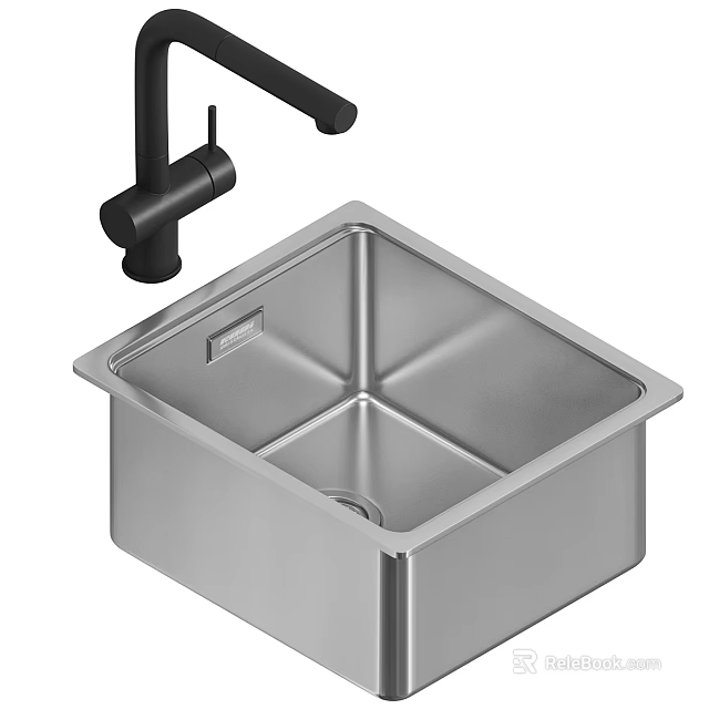 Black Modern Faucet With Stainless Steel Single Bowl Square Kitchen Sink 3d model 